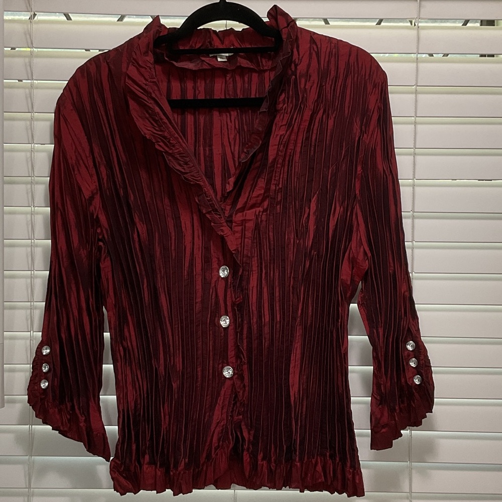 70’s Agora Wine Red Crinkled Button-Front Blouse with rhinestone buttons
